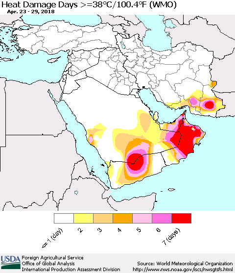 Middle East and Turkey Heat Damage Days >=38°C/100°F (WMO) Thematic Map For 4/23/2018 - 4/29/2018