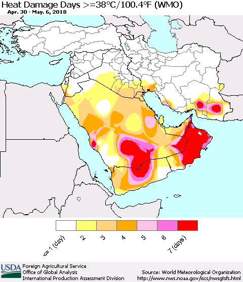 Middle East and Turkey Heat Damage Days >=38°C/100°F (WMO) Thematic Map For 4/30/2018 - 5/6/2018