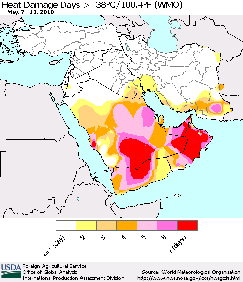 Middle East and Turkey Heat Damage Days >=38°C/100°F (WMO) Thematic Map For 5/7/2018 - 5/13/2018
