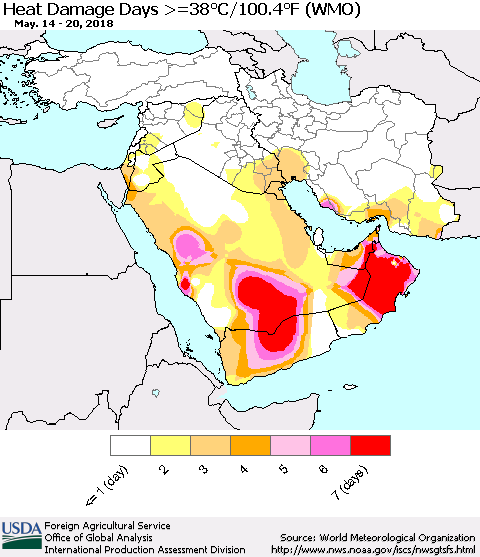 Middle East and Turkey Heat Damage Days >=38°C/100°F (WMO) Thematic Map For 5/14/2018 - 5/20/2018