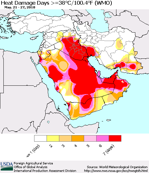 Middle East and Turkey Heat Damage Days >=38°C/100°F (WMO) Thematic Map For 5/21/2018 - 5/27/2018