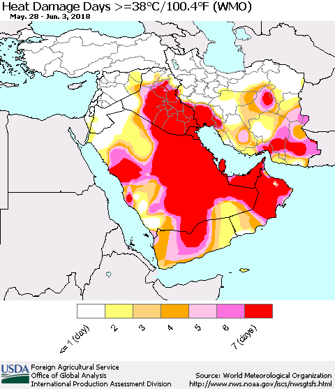 Middle East and Turkey Heat Damage Days >=38°C/100°F (WMO) Thematic Map For 5/28/2018 - 6/3/2018
