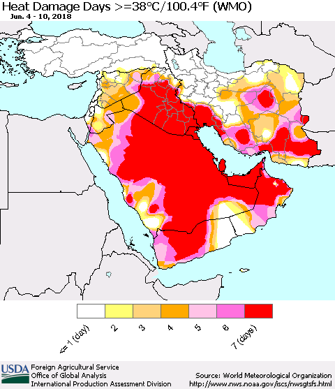Middle East and Turkey Heat Damage Days >=38°C/100°F (WMO) Thematic Map For 6/4/2018 - 6/10/2018