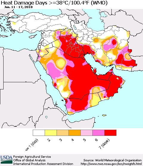 Middle East and Turkey Heat Damage Days >=38°C/100°F (WMO) Thematic Map For 6/11/2018 - 6/17/2018