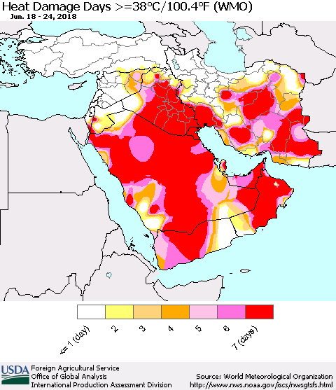 Middle East and Turkey Heat Damage Days >=38°C/100°F (WMO) Thematic Map For 6/18/2018 - 6/24/2018