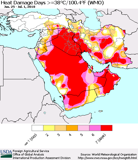 Middle East and Turkey Heat Damage Days >=38°C/100°F (WMO) Thematic Map For 6/25/2018 - 7/1/2018