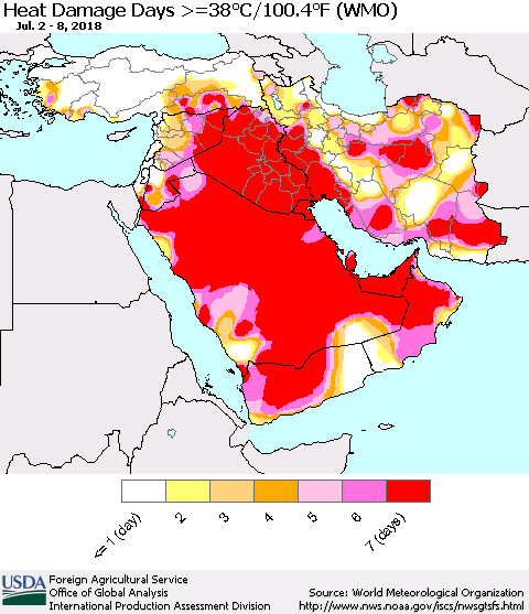 Middle East and Turkey Heat Damage Days >=38°C/100°F (WMO) Thematic Map For 7/2/2018 - 7/8/2018