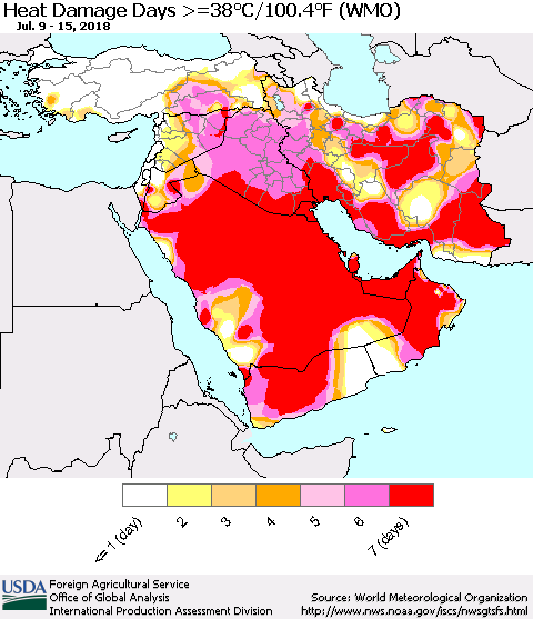 Middle East and Turkey Heat Damage Days >=38°C/100°F (WMO) Thematic Map For 7/9/2018 - 7/15/2018
