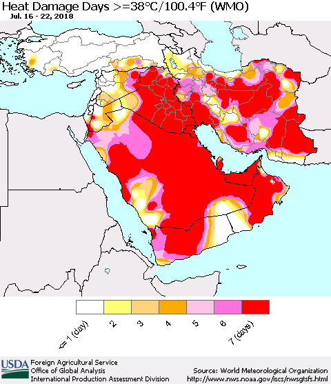 Middle East and Turkey Heat Damage Days >=38°C/100°F (WMO) Thematic Map For 7/16/2018 - 7/22/2018