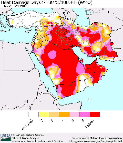Middle East and Turkey Heat Damage Days >=38°C/100°F (WMO) Thematic Map For 7/23/2018 - 7/29/2018