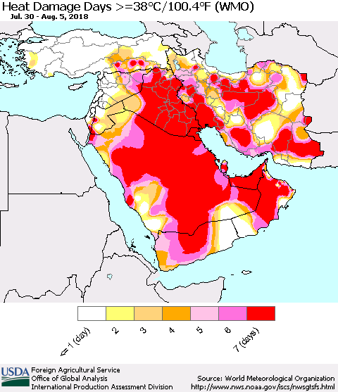 Middle East and Turkey Heat Damage Days >=38°C/100°F (WMO) Thematic Map For 7/30/2018 - 8/5/2018