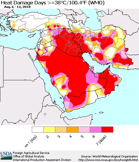Middle East and Turkey Heat Damage Days >=38°C/100°F (WMO) Thematic Map For 8/6/2018 - 8/12/2018