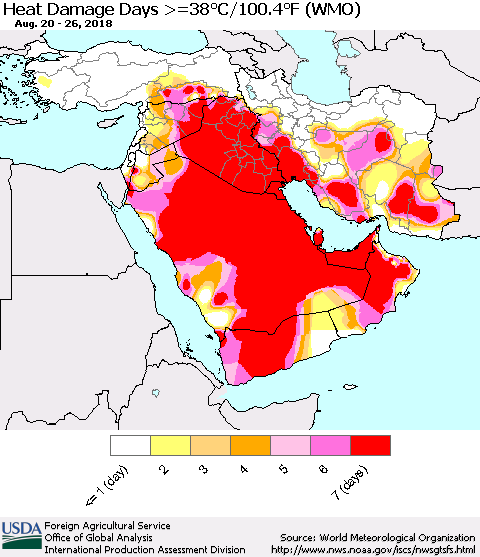 Middle East and Turkey Heat Damage Days >=38°C/100°F (WMO) Thematic Map For 8/20/2018 - 8/26/2018