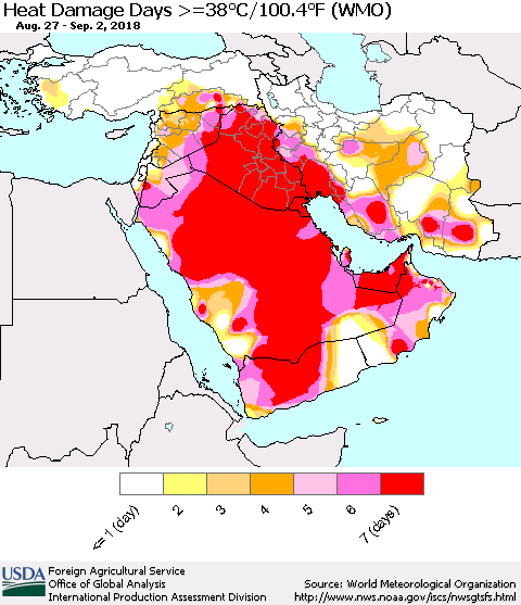 Middle East and Turkey Heat Damage Days >=38°C/100°F (WMO) Thematic Map For 8/27/2018 - 9/2/2018