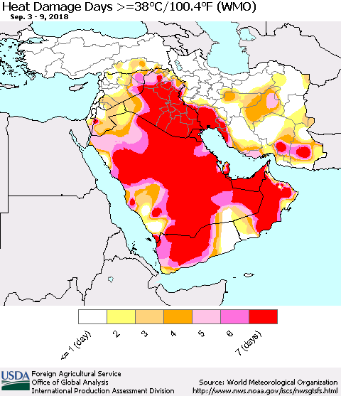 Middle East and Turkey Heat Damage Days >=38°C/100°F (WMO) Thematic Map For 9/3/2018 - 9/9/2018