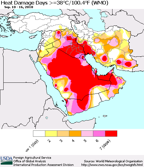 Middle East and Turkey Heat Damage Days >=38°C/100°F (WMO) Thematic Map For 9/10/2018 - 9/16/2018