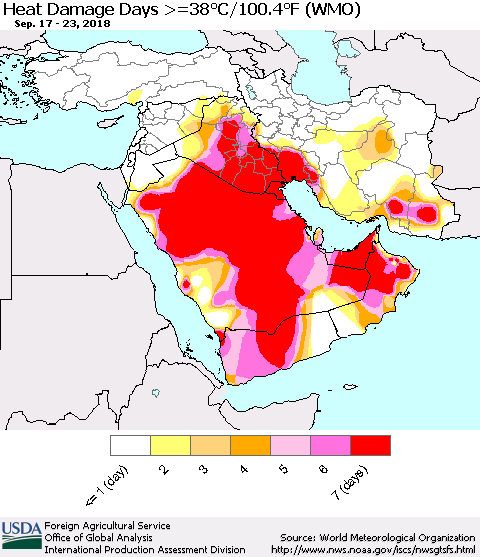 Middle East and Turkey Heat Damage Days >=38°C/100°F (WMO) Thematic Map For 9/17/2018 - 9/23/2018