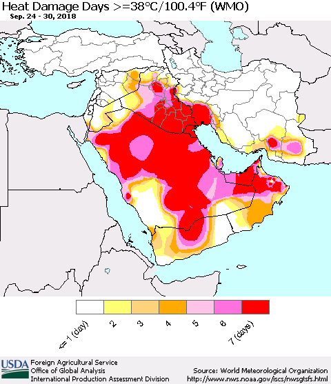 Middle East and Turkey Heat Damage Days >=38°C/100°F (WMO) Thematic Map For 9/24/2018 - 9/30/2018