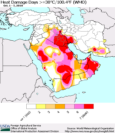 Middle East and Turkey Heat Damage Days >=38°C/100°F (WMO) Thematic Map For 10/1/2018 - 10/7/2018