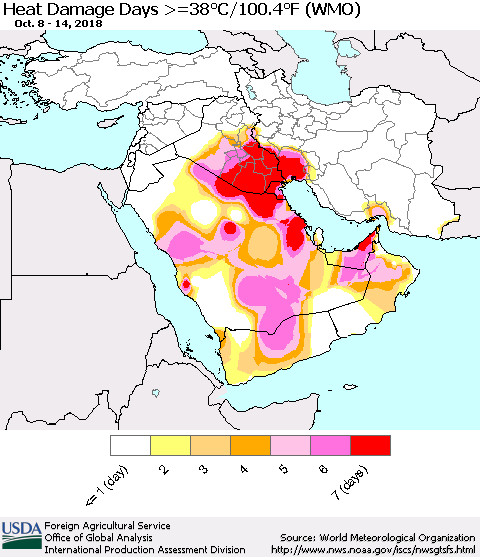 Middle East and Turkey Heat Damage Days >=38°C/100°F (WMO) Thematic Map For 10/8/2018 - 10/14/2018
