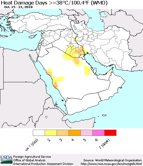 Middle East and Turkey Heat Damage Days >=38°C/100°F (WMO) Thematic Map For 10/15/2018 - 10/21/2018