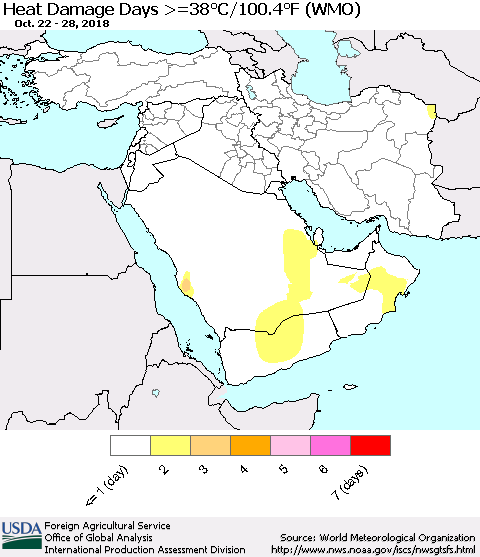 Middle East and Turkey Heat Damage Days >=38°C/100°F (WMO) Thematic Map For 10/22/2018 - 10/28/2018