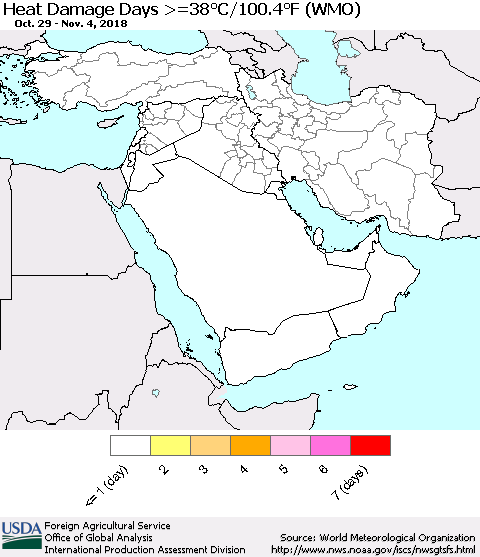 Middle East and Turkey Heat Damage Days >=38°C/100°F (WMO) Thematic Map For 10/29/2018 - 11/4/2018