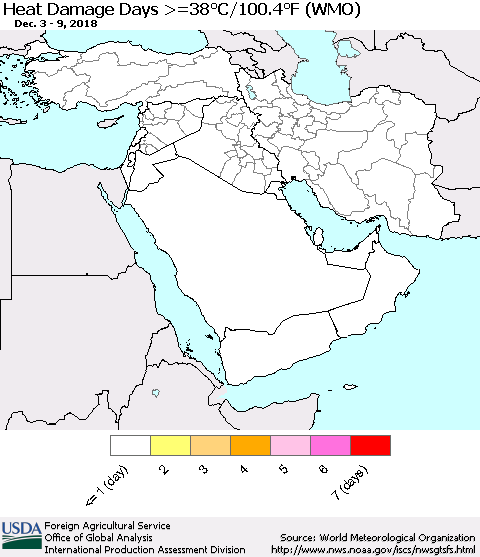 Middle East and Turkey Heat Damage Days >=38°C/100°F (WMO) Thematic Map For 12/3/2018 - 12/9/2018