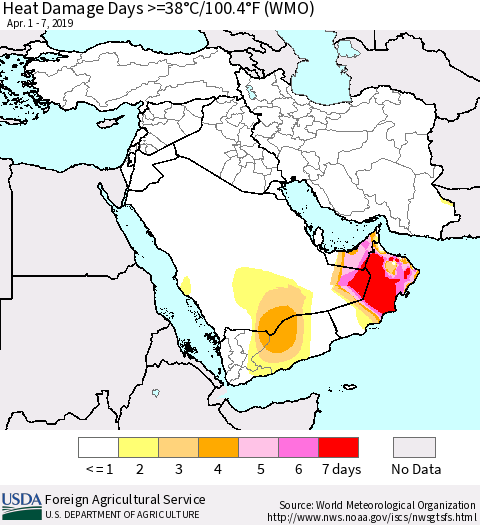 Middle East and Turkey Heat Damage Days >=38°C/100°F (WMO) Thematic Map For 4/1/2019 - 4/7/2019