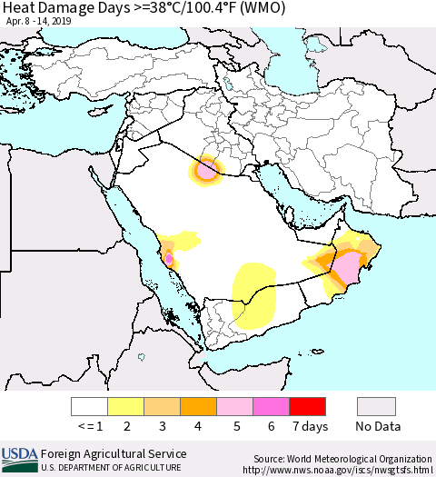 Middle East and Turkey Heat Damage Days >=38°C/100°F (WMO) Thematic Map For 4/8/2019 - 4/14/2019
