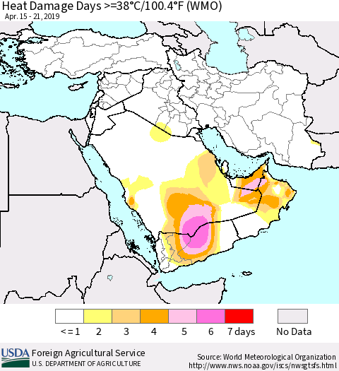 Middle East and Turkey Heat Damage Days >=38°C/100°F (WMO) Thematic Map For 4/15/2019 - 4/21/2019