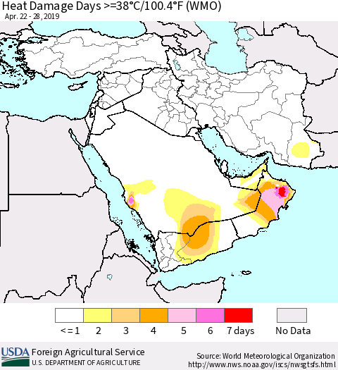 Middle East and Turkey Heat Damage Days >=38°C/100°F (WMO) Thematic Map For 4/22/2019 - 4/28/2019