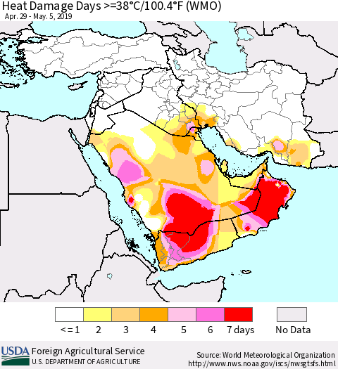 Middle East and Turkey Heat Damage Days >=38°C/100°F (WMO) Thematic Map For 4/29/2019 - 5/5/2019