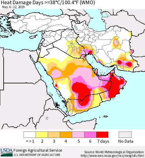 Middle East and Turkey Heat Damage Days >=38°C/100°F (WMO) Thematic Map For 5/6/2019 - 5/12/2019