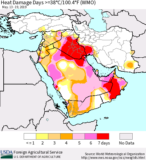 Middle East and Turkey Heat Damage Days >=38°C/100°F (WMO) Thematic Map For 5/13/2019 - 5/19/2019