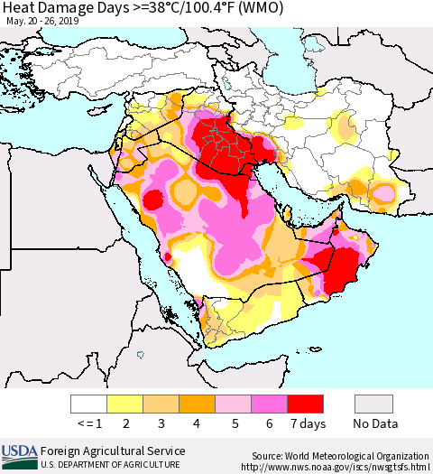 Middle East and Turkey Heat Damage Days >=38°C/100°F (WMO) Thematic Map For 5/20/2019 - 5/26/2019