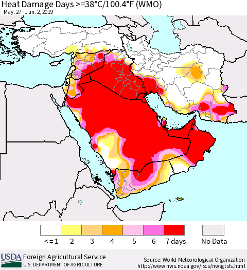 Middle East and Turkey Heat Damage Days >=38°C/100°F (WMO) Thematic Map For 5/27/2019 - 6/2/2019