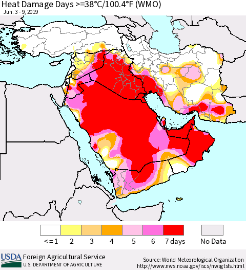 Middle East and Turkey Heat Damage Days >=38°C/100°F (WMO) Thematic Map For 6/3/2019 - 6/9/2019