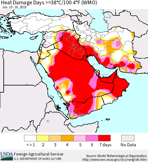 Middle East and Turkey Heat Damage Days >=38°C/100°F (WMO) Thematic Map For 6/10/2019 - 6/16/2019