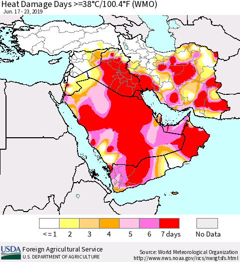 Middle East and Turkey Heat Damage Days >=38°C/100°F (WMO) Thematic Map For 6/17/2019 - 6/23/2019