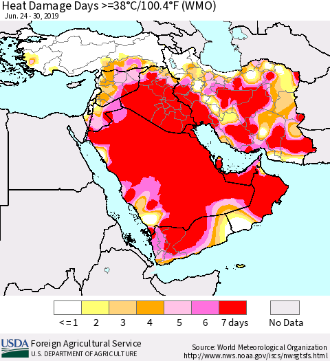 Middle East and Turkey Heat Damage Days >=38°C/100°F (WMO) Thematic Map For 6/24/2019 - 6/30/2019