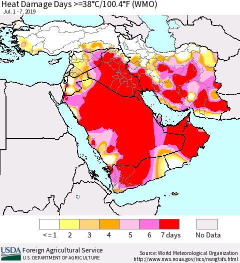 Middle East and Turkey Heat Damage Days >=38°C/100°F (WMO) Thematic Map For 7/1/2019 - 7/7/2019