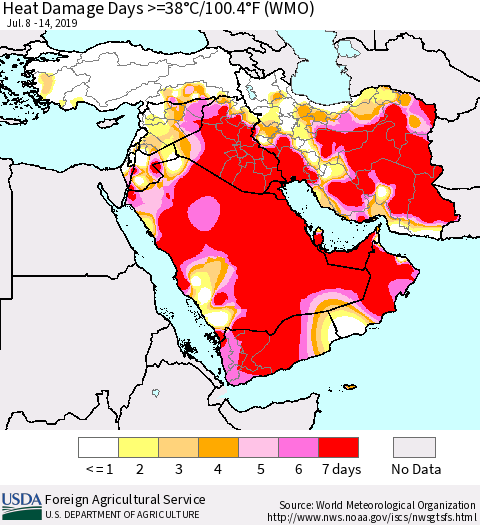 Middle East and Turkey Heat Damage Days >=38°C/100°F (WMO) Thematic Map For 7/8/2019 - 7/14/2019