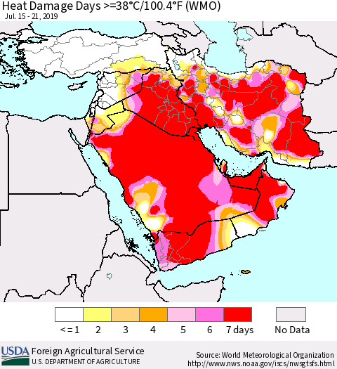 Middle East and Turkey Heat Damage Days >=38°C/100°F (WMO) Thematic Map For 7/15/2019 - 7/21/2019