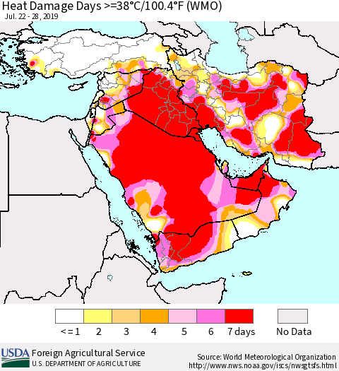 Middle East and Turkey Heat Damage Days >=38°C/100°F (WMO) Thematic Map For 7/22/2019 - 7/28/2019