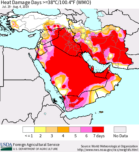 Middle East and Turkey Heat Damage Days >=38°C/100°F (WMO) Thematic Map For 7/29/2019 - 8/4/2019