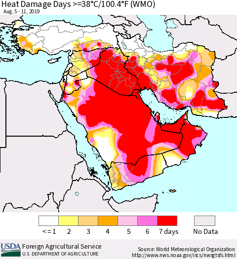 Middle East and Turkey Heat Damage Days >=38°C/100°F (WMO) Thematic Map For 8/5/2019 - 8/11/2019