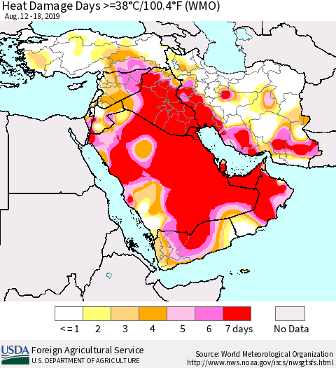 Middle East and Turkey Heat Damage Days >=38°C/100°F (WMO) Thematic Map For 8/12/2019 - 8/18/2019