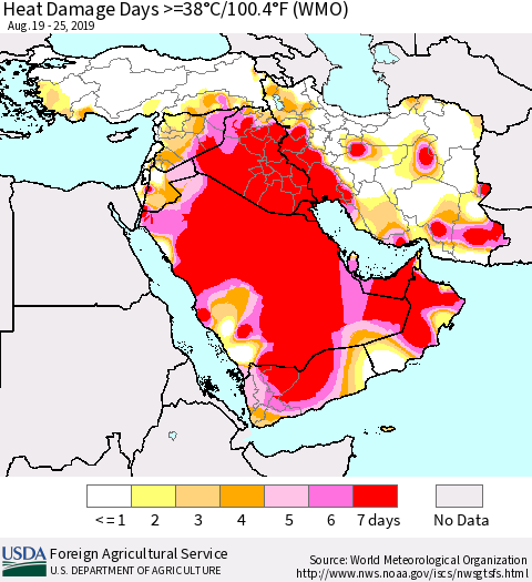 Middle East and Turkey Heat Damage Days >=38°C/100°F (WMO) Thematic Map For 8/19/2019 - 8/25/2019