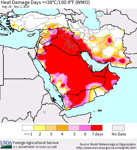 Middle East and Turkey Heat Damage Days >=38°C/100°F (WMO) Thematic Map For 8/26/2019 - 9/1/2019